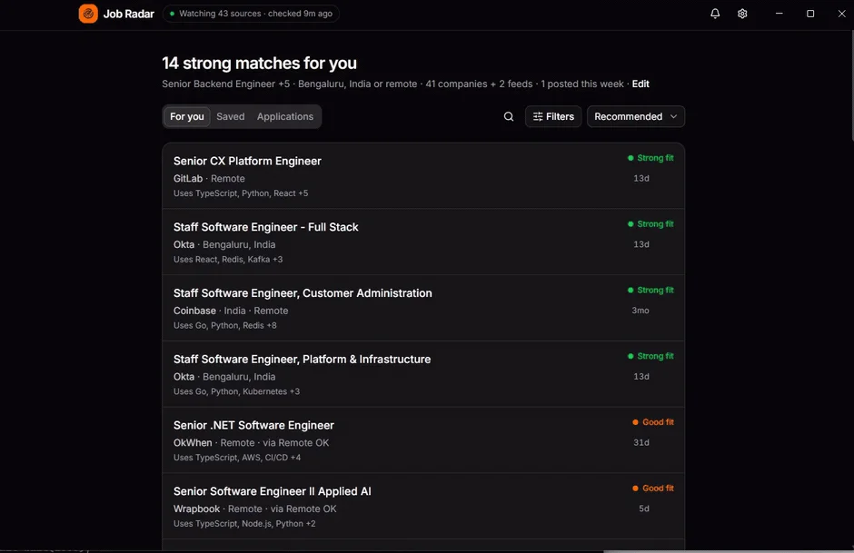 Job Radar listing strong job matches