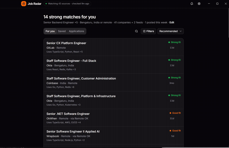 Job Radar ranking new postings, opening a job's fit brief, and showing auto-apply settings