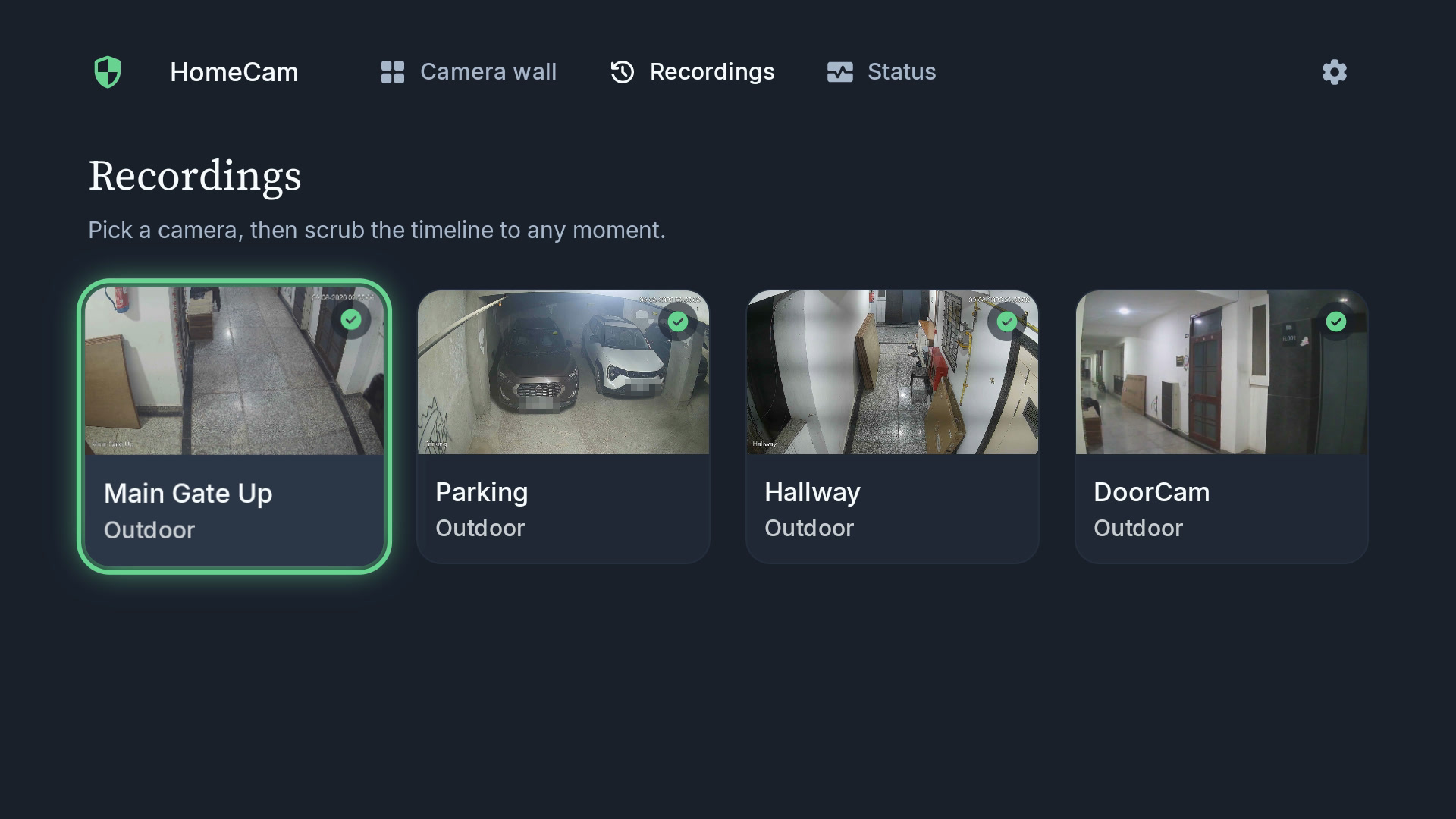 Recordings screen with four camera cards