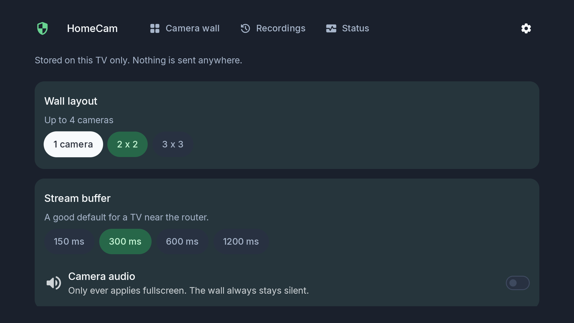 Settings screen with wall layout and stream buffer options